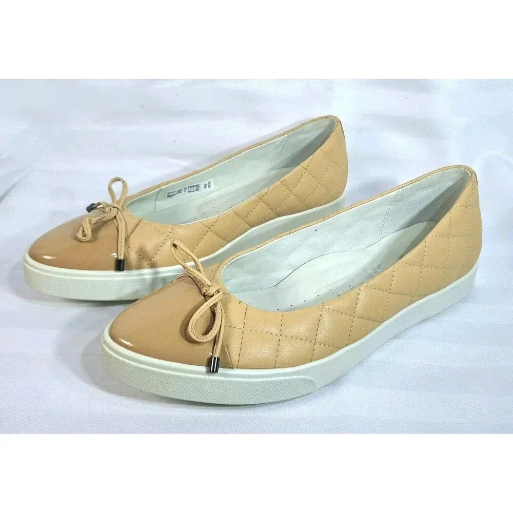 Ecco Tan Quilted Flats with Bow